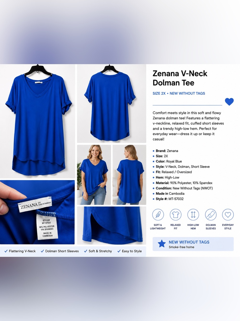 Zenana Outfitters Royal Blue V-Neck Dolman Tunic Tee